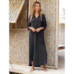Nomad The Label Midi Dress Womens 16 Valentina Linen Blend Charcoal Button-Down